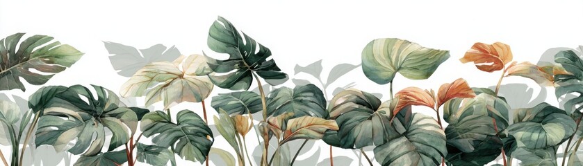 A vibrant illustration of lush green leaves with hints of orange, showcasing a tropical theme and emphasizing nature's beauty.