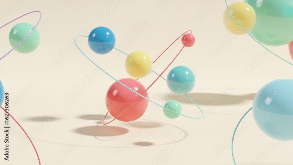 Poster 3d illustration of colorful spheres connected by lines on a beige background with a shallow depth of