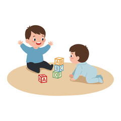 Two boys play together. Educational toys.  Educational toys. Children playing designer cubes, developmental constructor. © Clan D Graphic