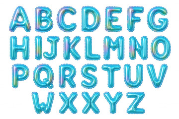 Full Alphabet of Shiny Teal Blue Foil Balloon Letters Arranged for Celebration and Education