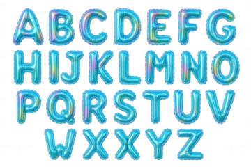 Full Alphabet of Shiny Teal Blue Foil Balloon Letters Arranged for Celebration and Education