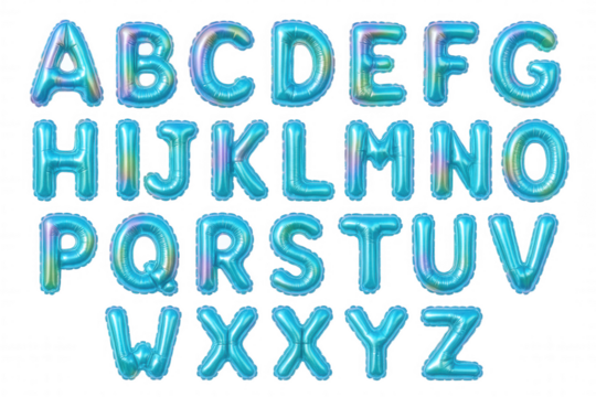 Full Alphabet of Shiny Teal Blue Foil Balloon Letters Arranged for Celebration and Education