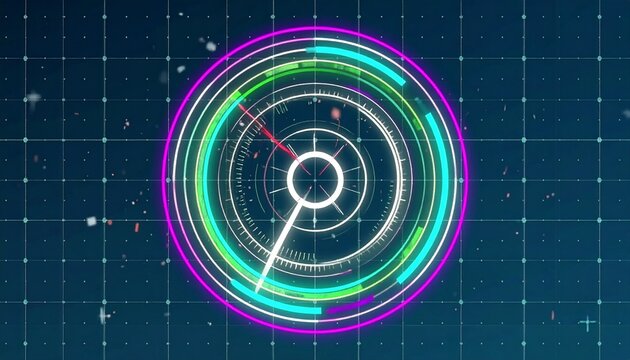 Cyberpunk Time Warp: A Neon Clockface on a Grid, Futuristic Tech Clock with Luminous Lines in a Complex Technological Pattern