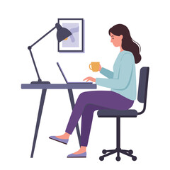 Set of vector illustrations with flat cartoon characters working in office, co-working space or remotely at home, freelance, self-employment. People work at computers and laptops in modern interior.