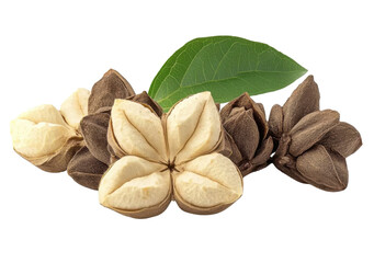 sacha inchi seeds and leaf on transparent background