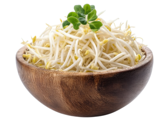 bean sprouts in a wooden bowl on transparent background.
