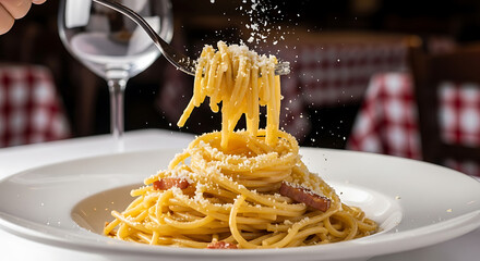 Authentic Spaghetti Carbonara with fresh grated cheese being served at a restaurant