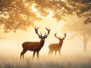 deer in morning fog forest, golden sunrise light, peaceful wild scene
