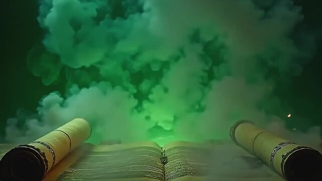 The magicians scroll ignites and begins to explode toxic gas swirl in arcs, all shown over a simple green background for special effects focus.