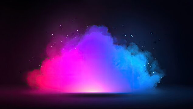 Vibrant, colorful cloud of smoke or mist against a dark background with a glowing, illuminated base