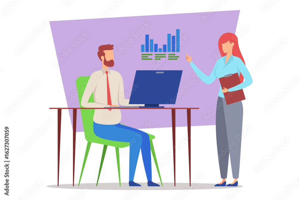 Poster man sitting at desk with computer while woman standing beside him, presenting data on graphics in pr