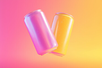 Two colorful soda cans in gradient background for refreshment concepts
