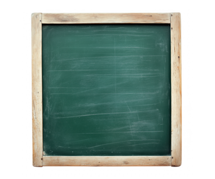 Empty green chalkboard with wooden frame isolated against a transparent background for presentations