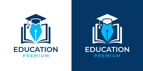 Obraz premium Open Book Pen Mortarboard Logo Design Vector Illustration Template. Education Logo Pen Book Cap College Icon Symbol. Education Graduation Cap Logo Design Template for University, School, Student.