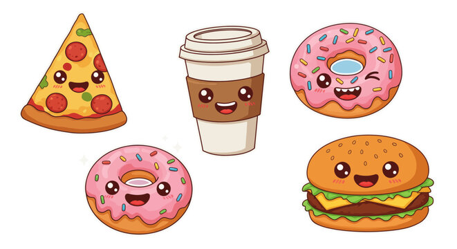Set of cute kawaii fast food characters. Smiling pizza, donut, burger, and coffee illustrations on white background.