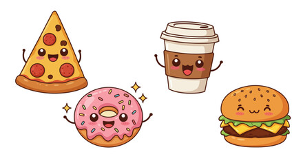 Collection of cute smiling fast food characters. Vector illustration of a happy hamburger, pizza slice, donut, and coffee.