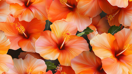 Fototapeta premium Vibrant seamless pattern featuring mini orange hibiscus flowers, showcasing their delicate petals and bright colors, evokes tropical feel