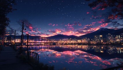 Cityscape at twilight, reflected in a calm river, under a starry sky