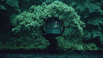 A teal treehouse nestled amongst lush, dark green forest foliage, overlooking a calm river