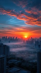City sunrise through mist