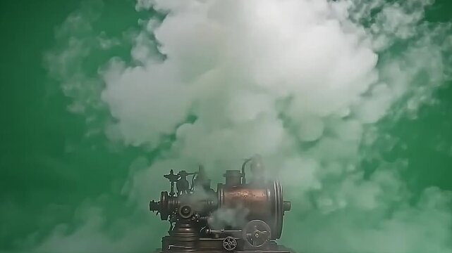 The ancient steam-powered machine activates and explodes steam blast scene, with every detail clearly visible on a green background for visual effect clarity.