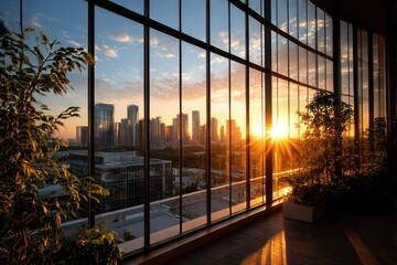City sunset through large windows