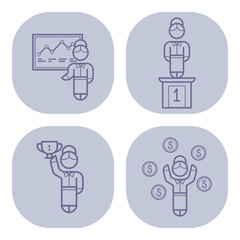 Collection of line icons depicting various symbols of success in business context. Presenter with charts, trophy holder, and dollar sign symbol