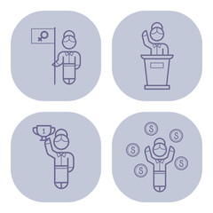 Set of line icons illustrating key themes such as gender equality, public speaking, winning awards, and financial success