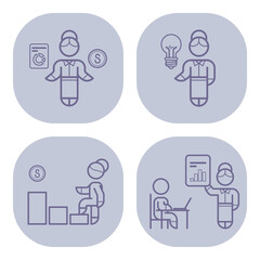 Collection of various business-themed icons featuring activities like financial planning, idea generation, career progression, and data analysis