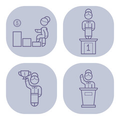 Set of line icons depicting stages of achievement. Illustrations of progress from climbing chart to winning trophy, emphasizing success in various activities