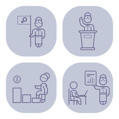 Collection of icons symbolizing key themes such as gender equality, public speaking, financial success, and data presentation. Leadership concept