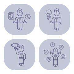 Collection of icons illustrating various aspects of business success. Symbols for innovation, achievement, financial gains, and leadership