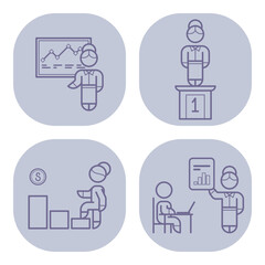 Four line icons of different business activities: presentation, podium with winner, bar graph with money, and person working on laptop