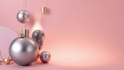 Delicate Pink Aesthetic: Spherical Metal Ornaments in Soft Light, Minimalist Design
