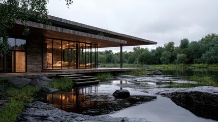Modern Glass House on a Lake.