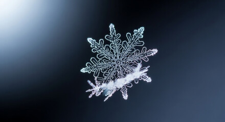 Beautifully Detailed Macro Snowflake Reflected on a Smooth Dark Gradient Surface