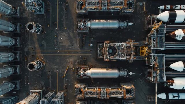 HighAngle Aerial View of Rocket Engines and Launch Pad Structures in Industrial Complex.