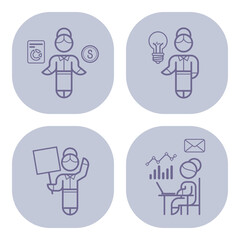 Set of icons depicting professional activities including finance, innovation, presentation, and data analysis