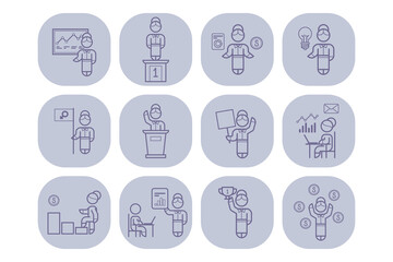 Collection of business icons, depicting activities such as presentations, awards, and analysis. Womans professional life and work tasks concept