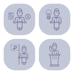 Collection of four icons symbolizing womens empowerment. Leadership, innovation, financial independence, and gender equality advocacy
