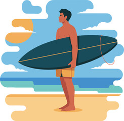Surfer Standing with Board on Beach Vector Illustration