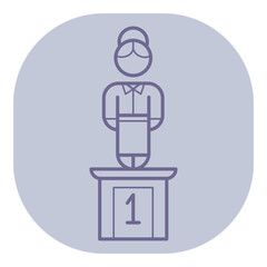 Icon of figure standing on podium labeled with number one, symbolizing achievement and recognition in competition or event