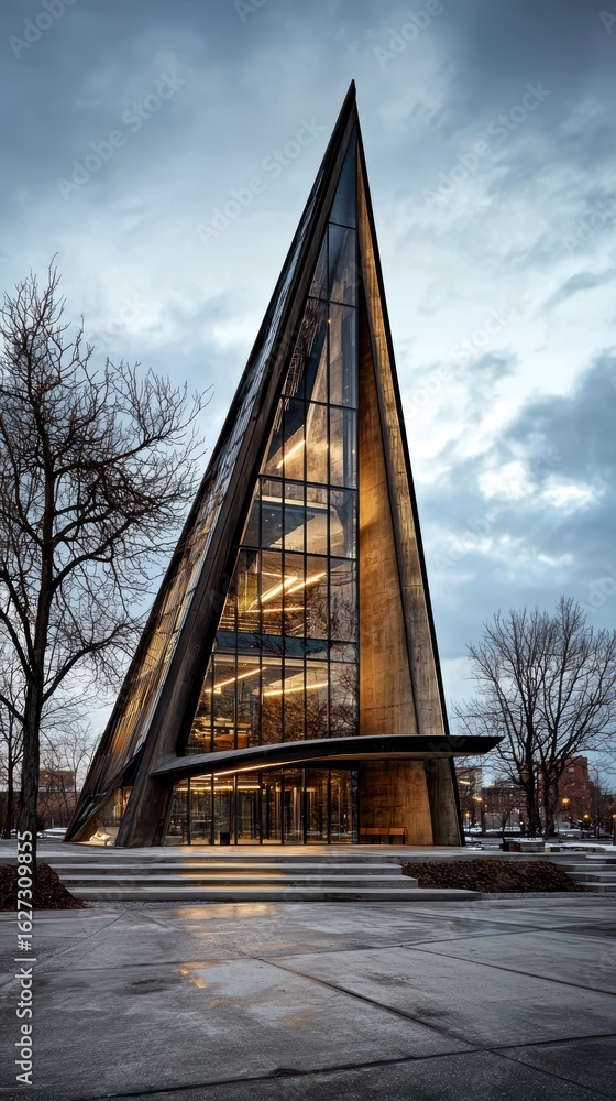 Poster modern architectural design a striking triangular building at dusk.
