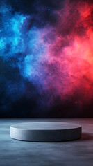 Blank podium mockup in futuristic style. Vibrant cosmic background with a circular platform, ideal for presentations or displays.