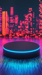 Blank podium mockup in futuristic style. Futuristic cityscape with glowing platform and vibrant neon lights.