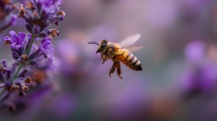 Macro Shot of Bee in Flight Near Blooming Lavender Flower &ndash; Pollination in Motion