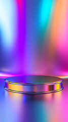 Blank podium mockup in futuristic style. Colorful, abstract background with a reflective podium, ideal for display or presentation purposes.