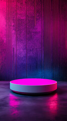 Blank podium mockup in futuristic style. Vibrant stage platform with neon lights and abstract background for creative presentations.