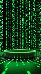 Blank podium mockup in futuristic style. A futuristic green digital backdrop with a circular platform and cascading data streams.