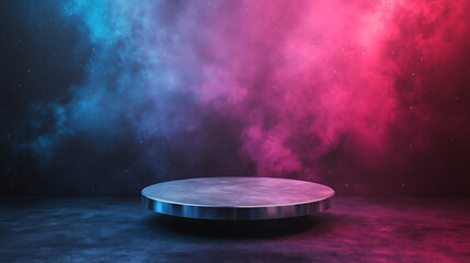 Blank podium mockup in futuristic style. Vibrant cosmic background with a circular platform, evoking a futuristic atmosphere.